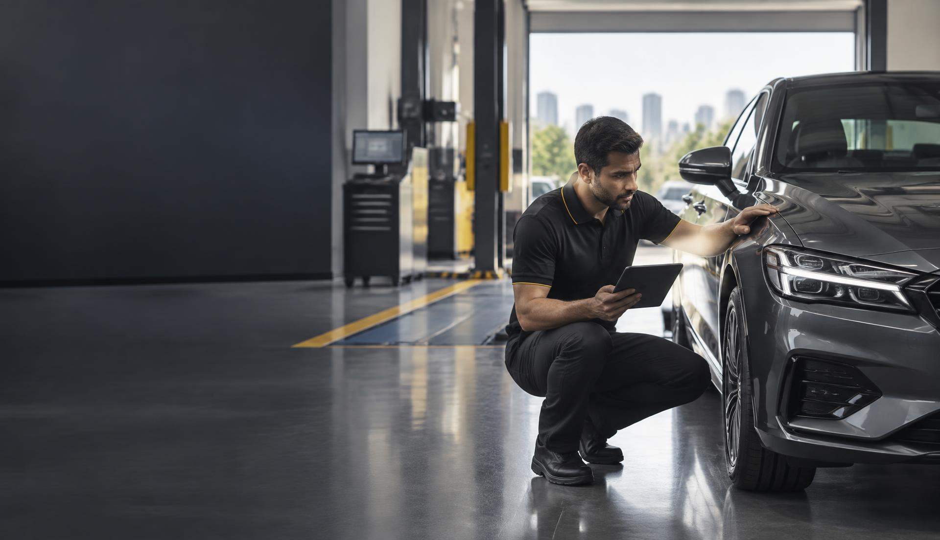 Profissional inspecionando um automóvel com equipamento digital